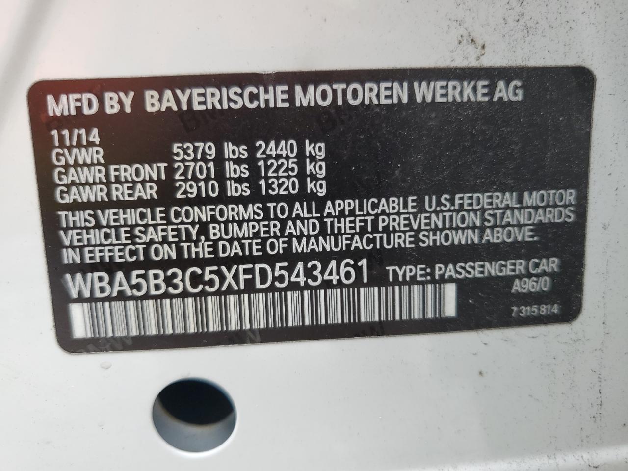 WBA5B3C5XFD543461 2015 BMW 535 Xi