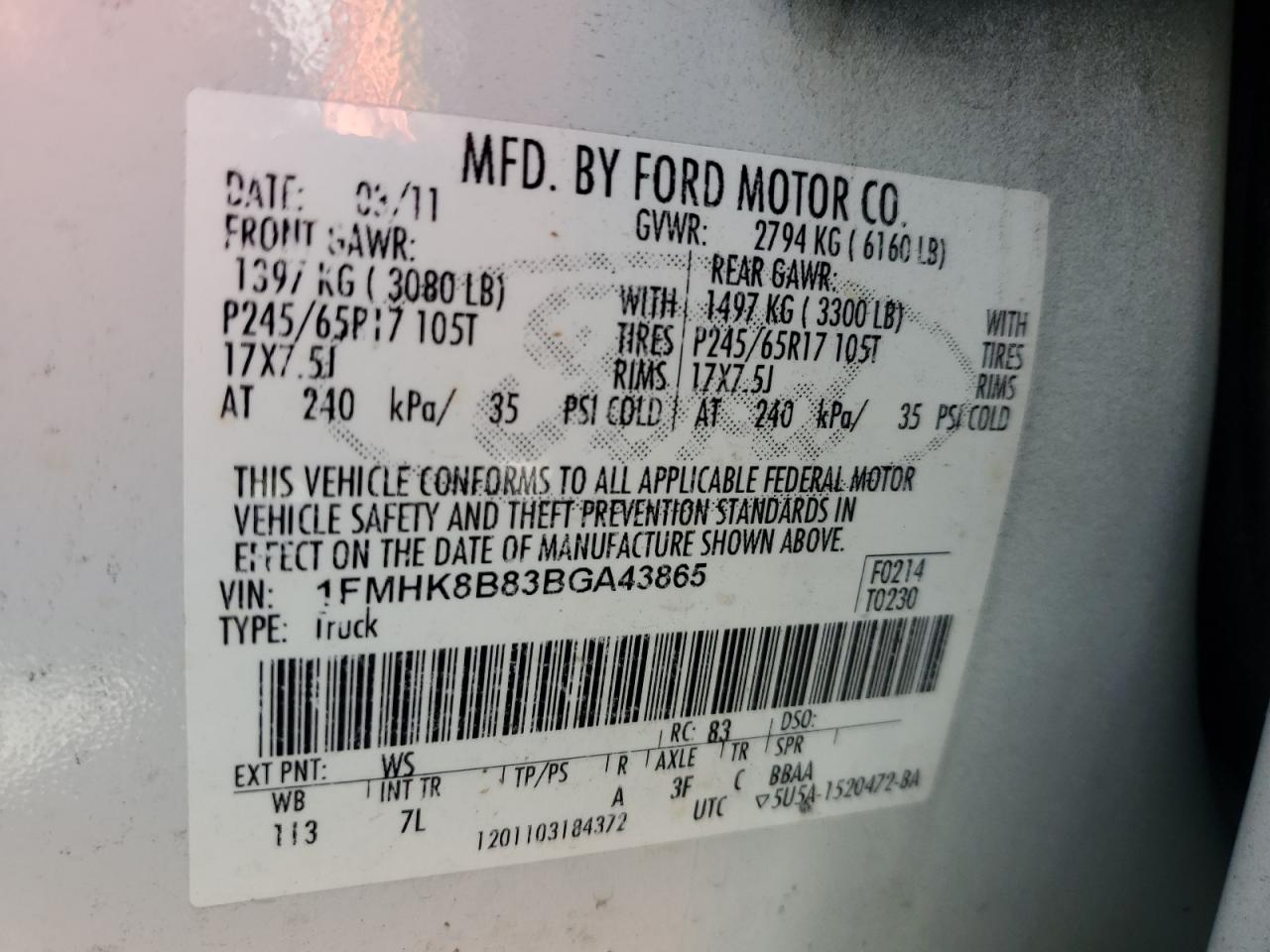 1FMHK8B83BGA43865 2011 Ford Explorer