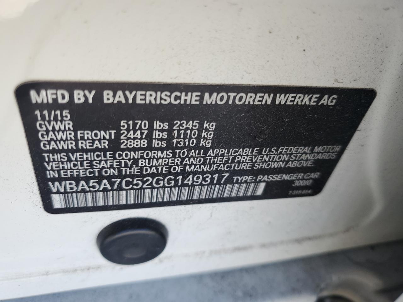 WBA5A7C52GG149317 2016 BMW 528 Xi