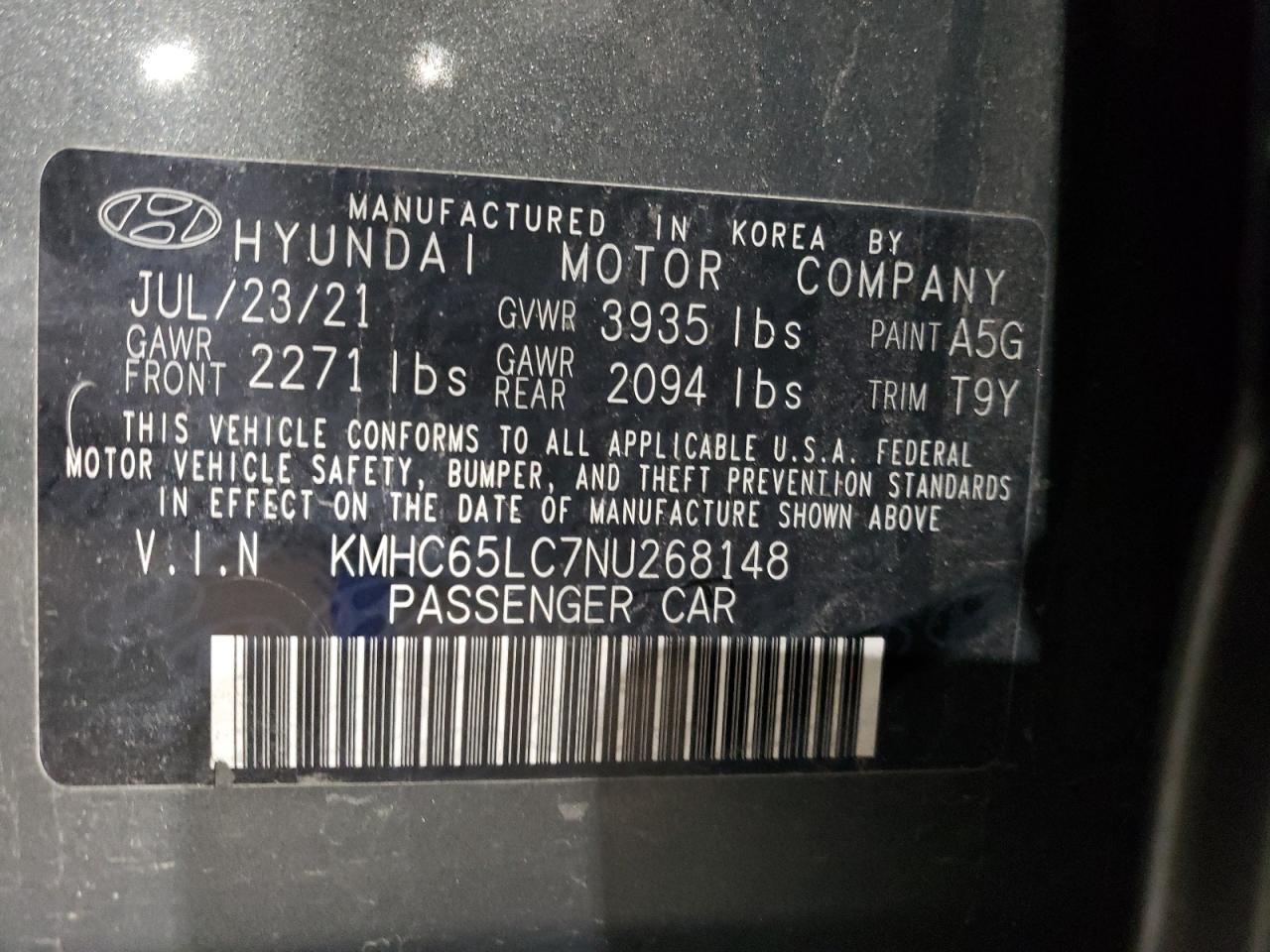 KMHC65LC7NU268148 2022 Hyundai Ioniq Blue