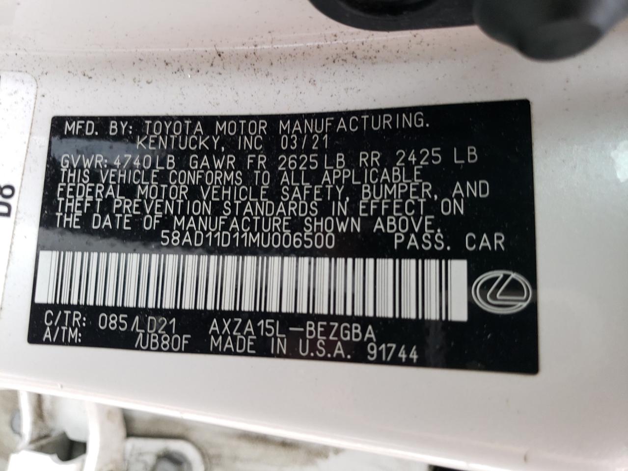 58AD11D11MU006500 2021 Lexus Es 250 Base