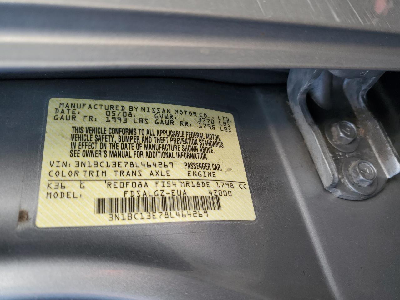 3N1BC13E78L464269 2008 Nissan Versa S