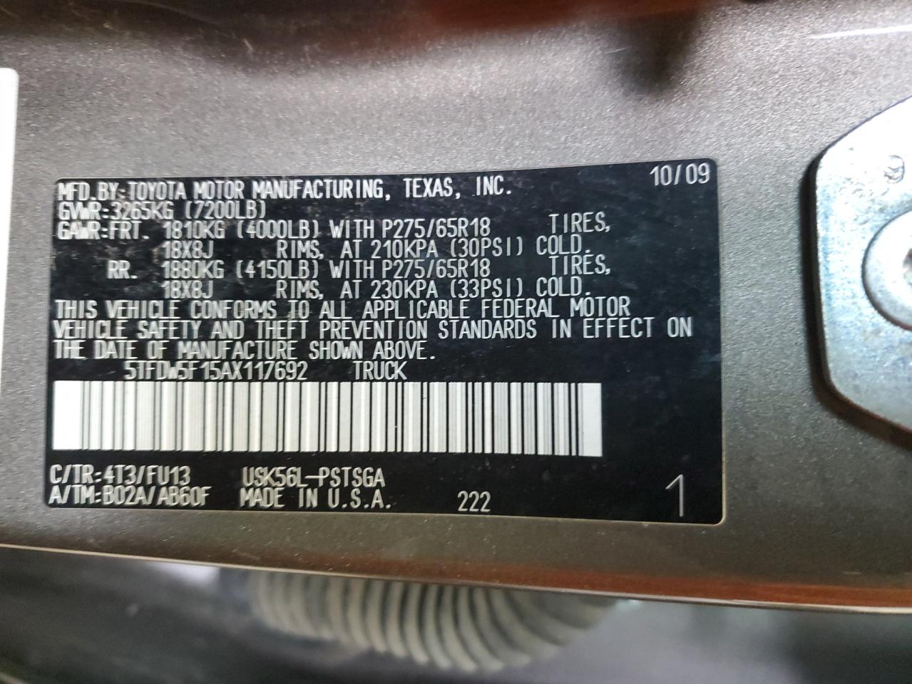 2010 Toyota Tundra Crewmax Sr5 VIN: 5TFDW5F15AX117692 Lot: 72051794