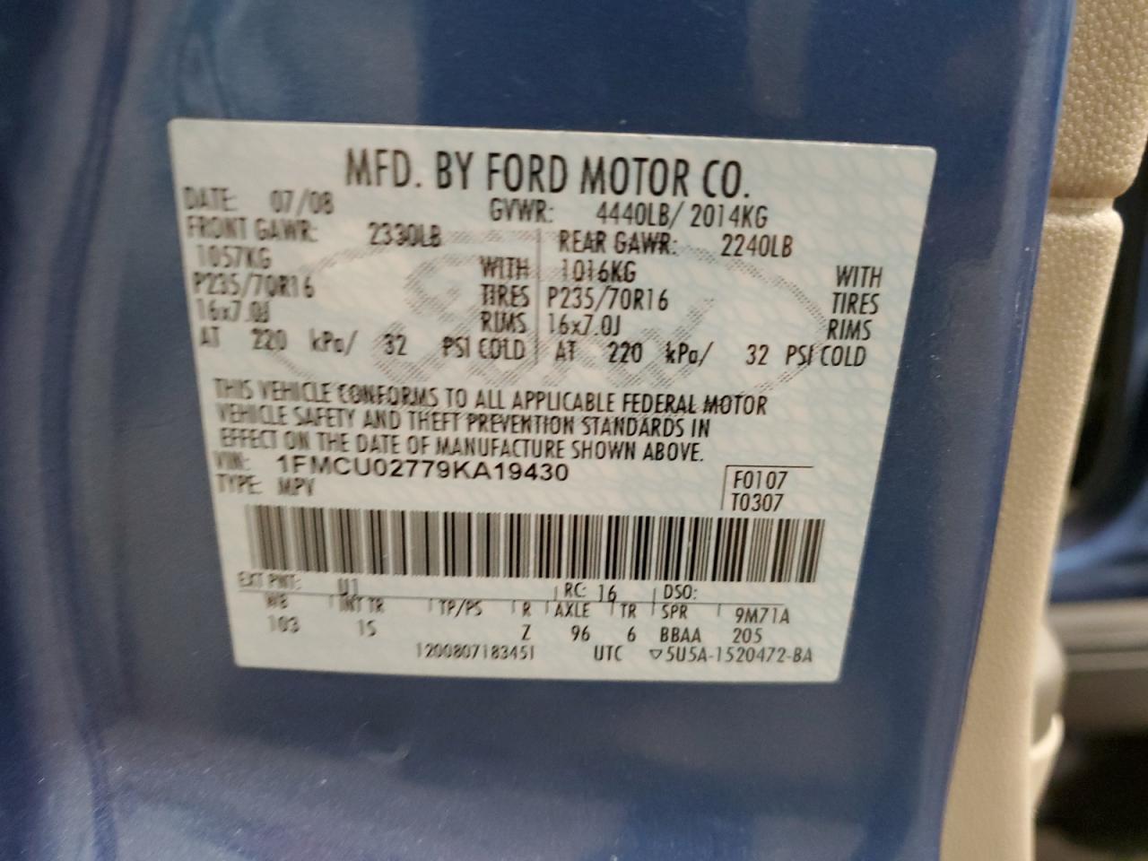 1FMCU02779KA19430 2009 Ford Escape Xls