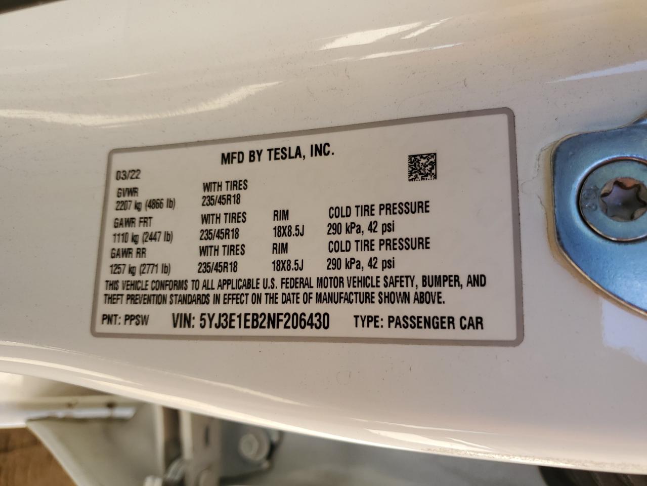 2022 Tesla Model 3 VIN: 5YJ3E1EB2NF206430 Lot: 67600034