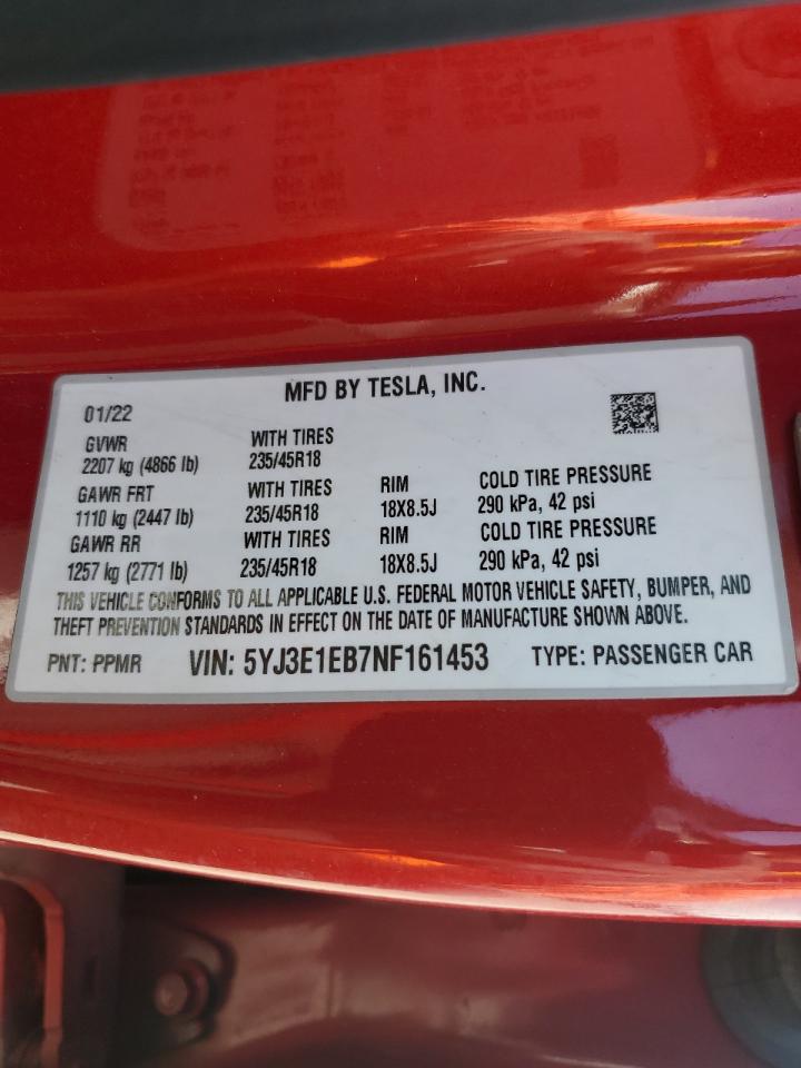 2022 Tesla Model 3 VIN: 5YJ3E1EB7NF161453 Lot: 72925114