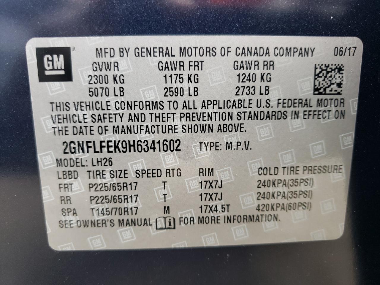 2GNFLFEK9H6341602 2017 Chevrolet Equinox Lt