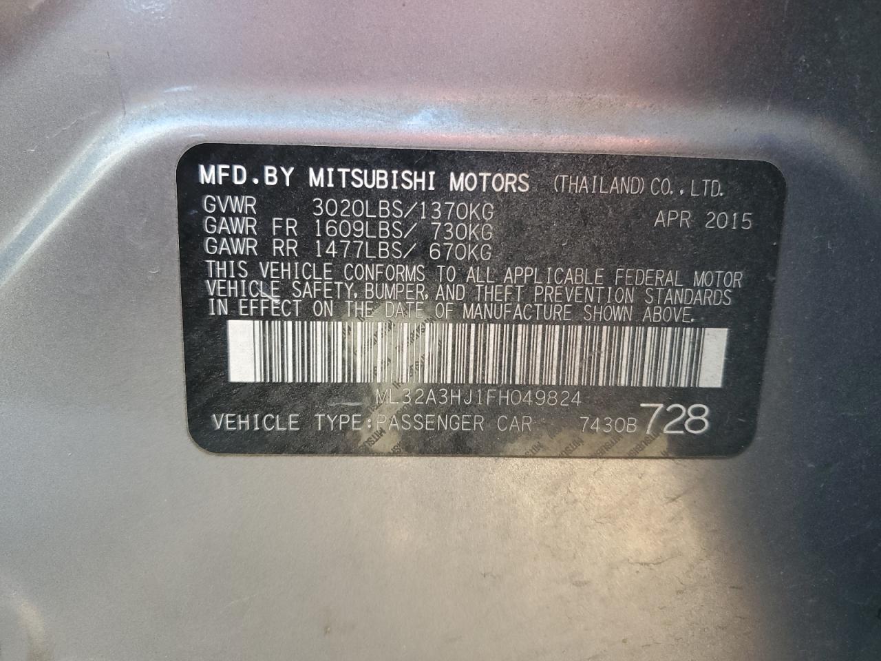 ML32A3HJ1FH049824 2015 Mitsubishi Mirage De