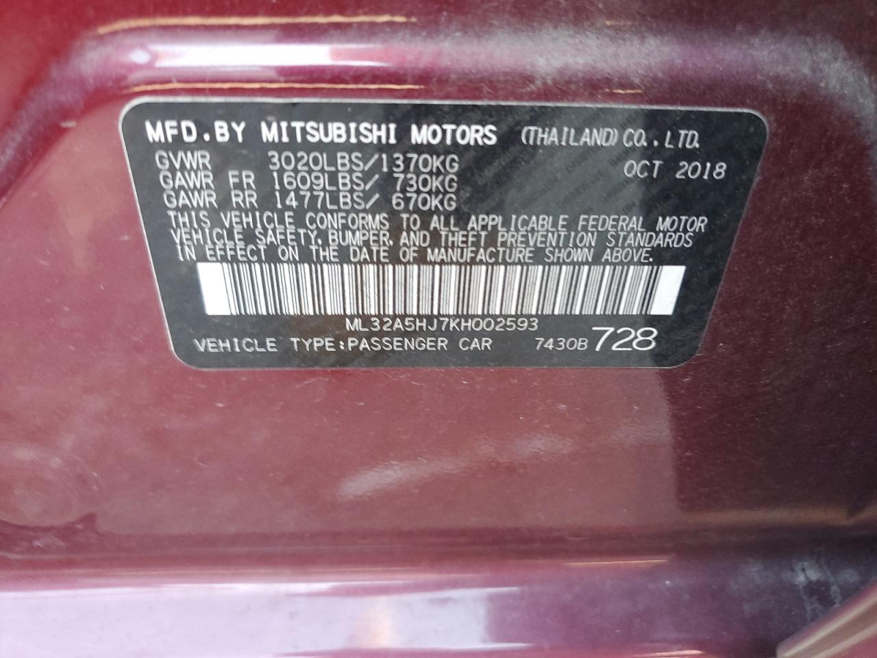 2019 Mitsubishi Mirage Le VIN: ML32A5HJ7KH002593 Lot: 71588034