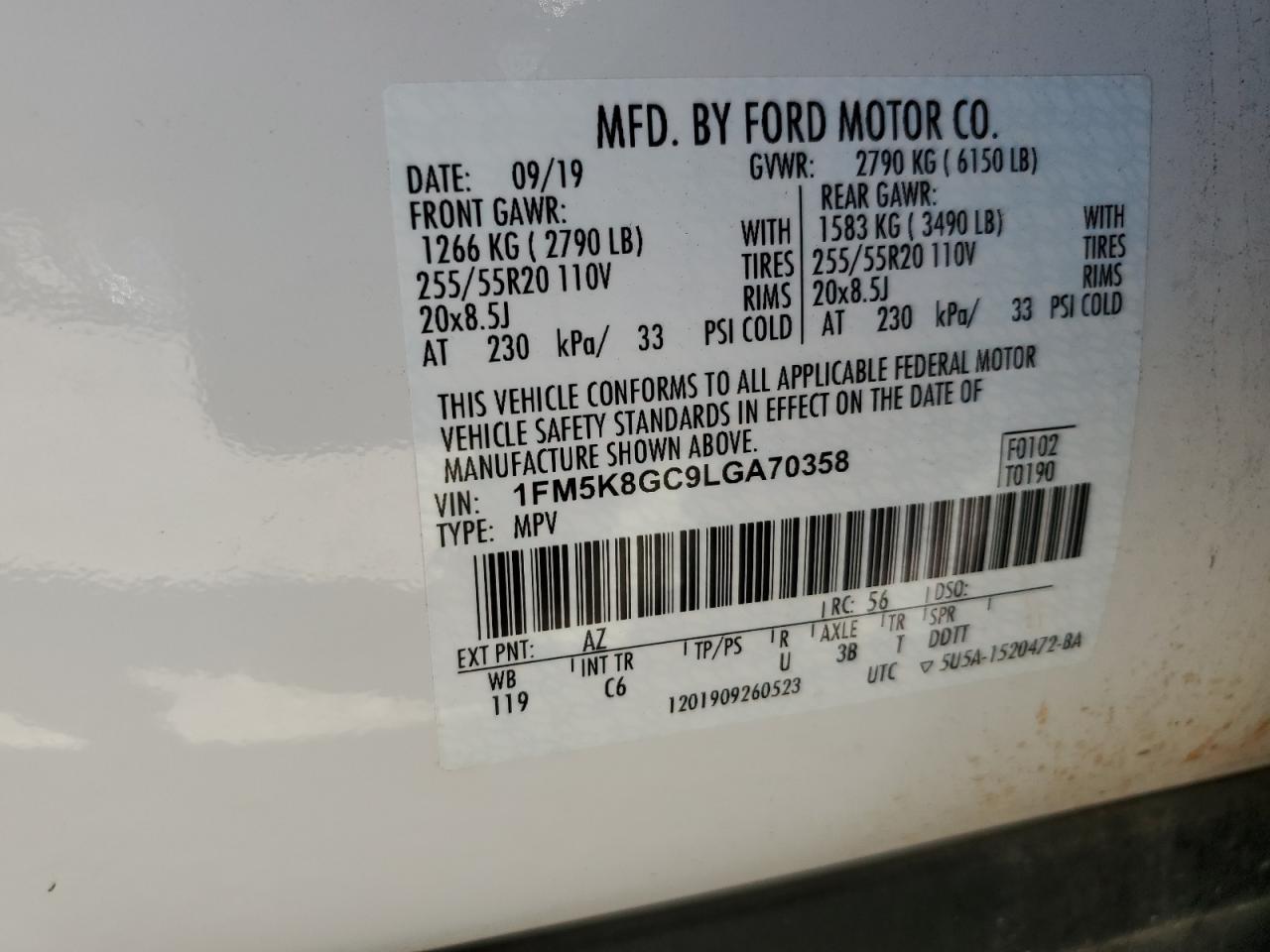 2020 Ford Explorer St VIN: 1FM5K8GC9LGA70358 Lot: 69978844