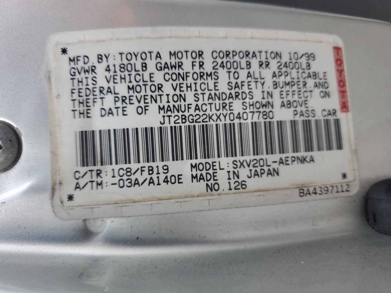 JT2BG22KXY0407780 2000 Toyota Camry Ce