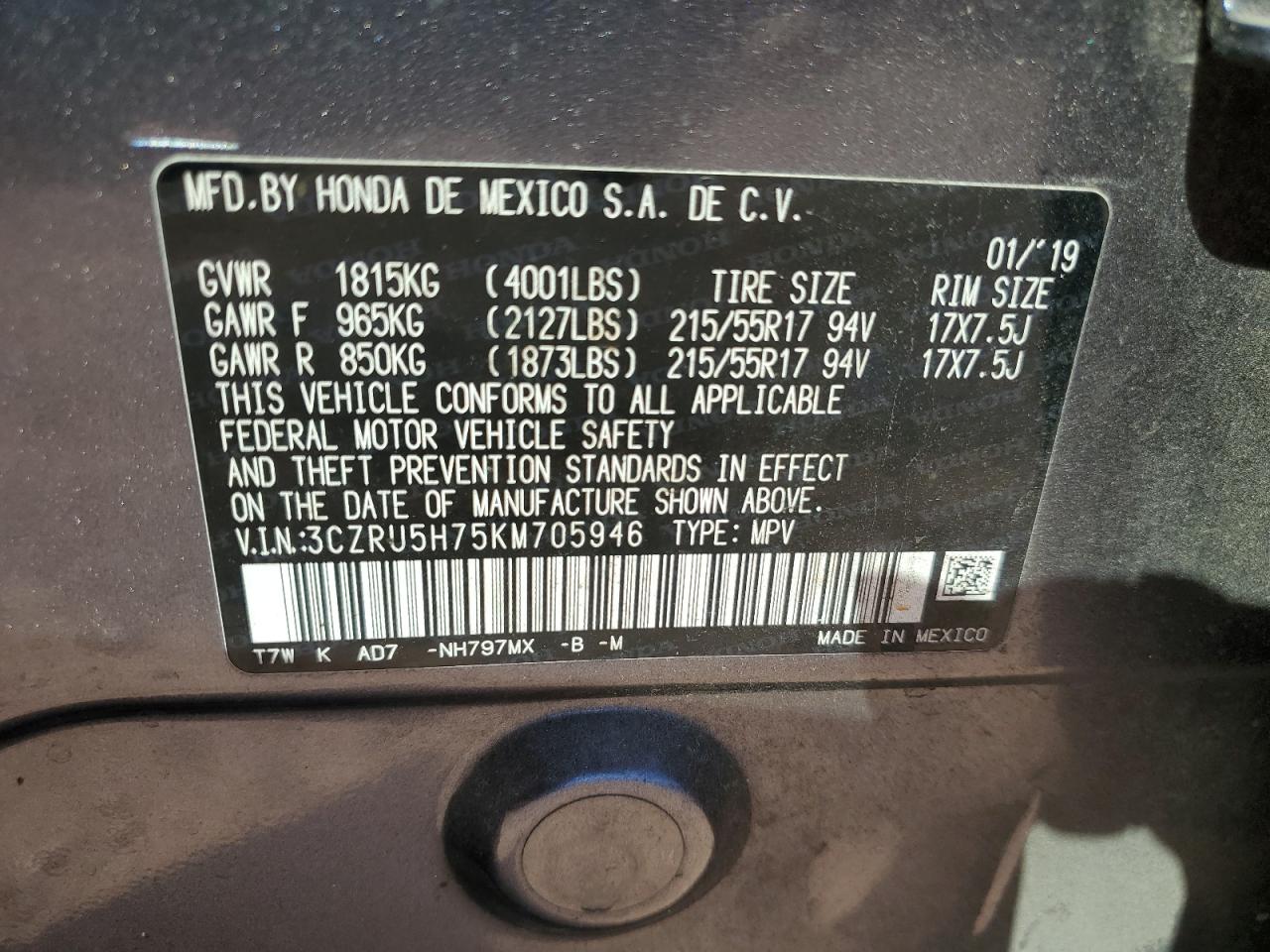 3CZRU5H75KM705946 2019 Honda Hr-V Exl