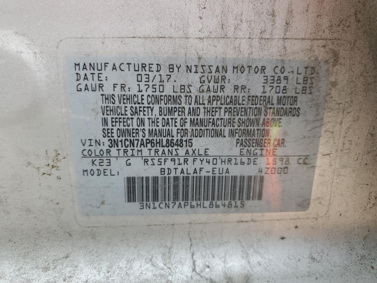 2017 Nissan Versa S VIN: 3N1CN7AP6HL864815 Lot: 73485344