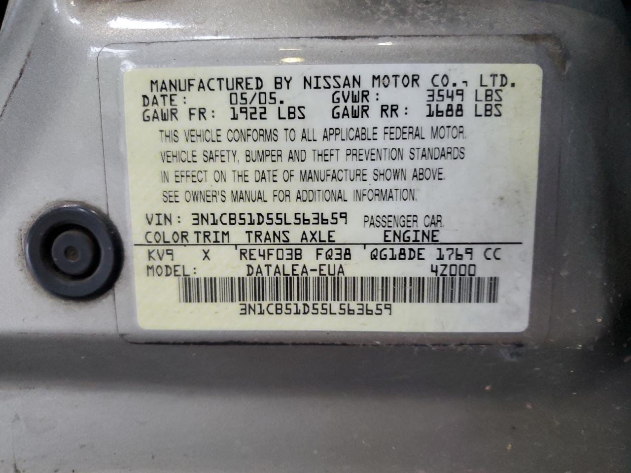 3N1CB51D55L563659 2005 Nissan Sentra 1.8