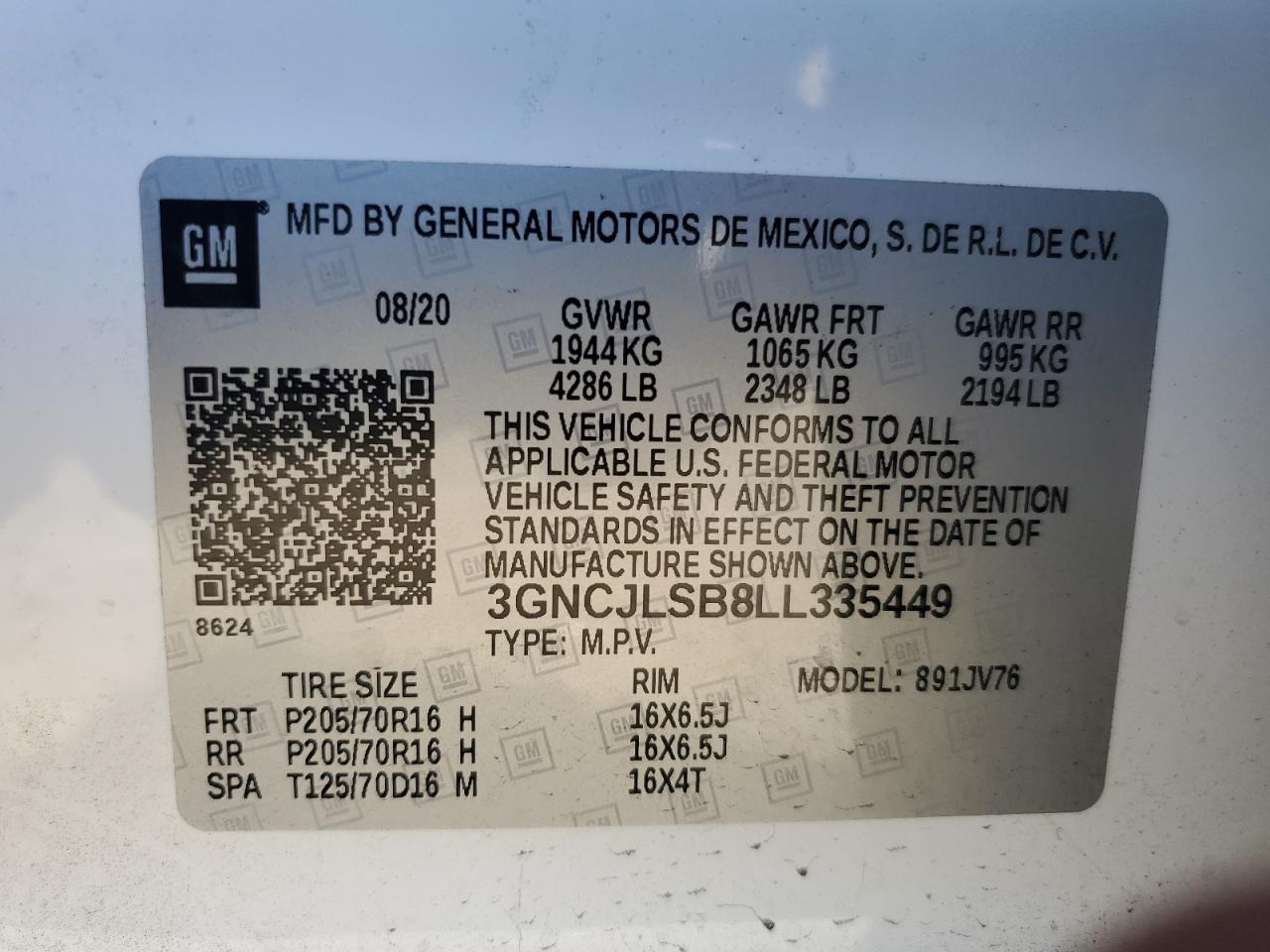 3GNCJLSB8LL335449 2020 Chevrolet Trax 1Lt