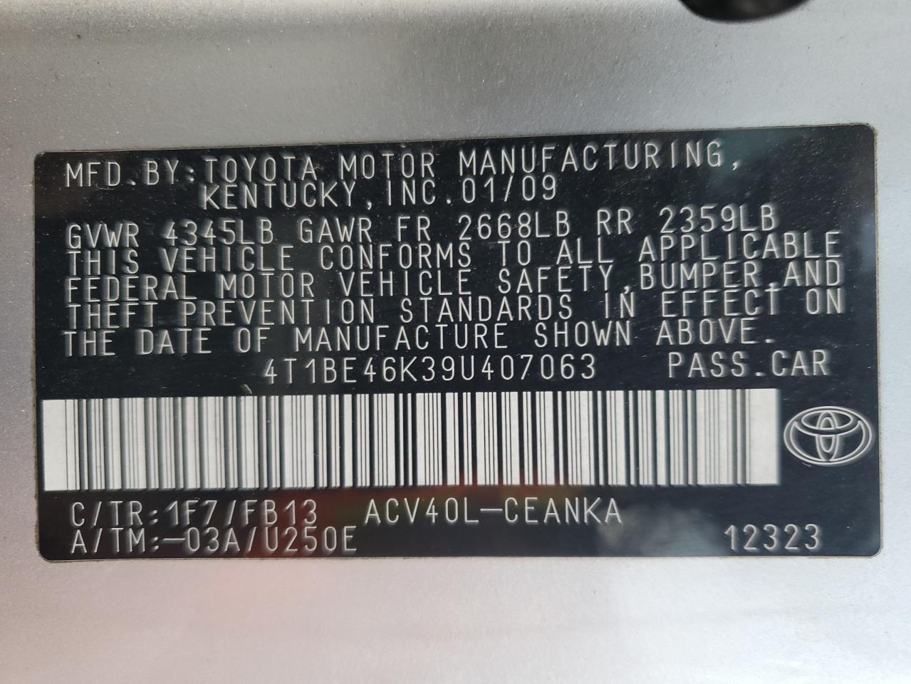 4T1BE46K39U407063 2009 Toyota Camry Base