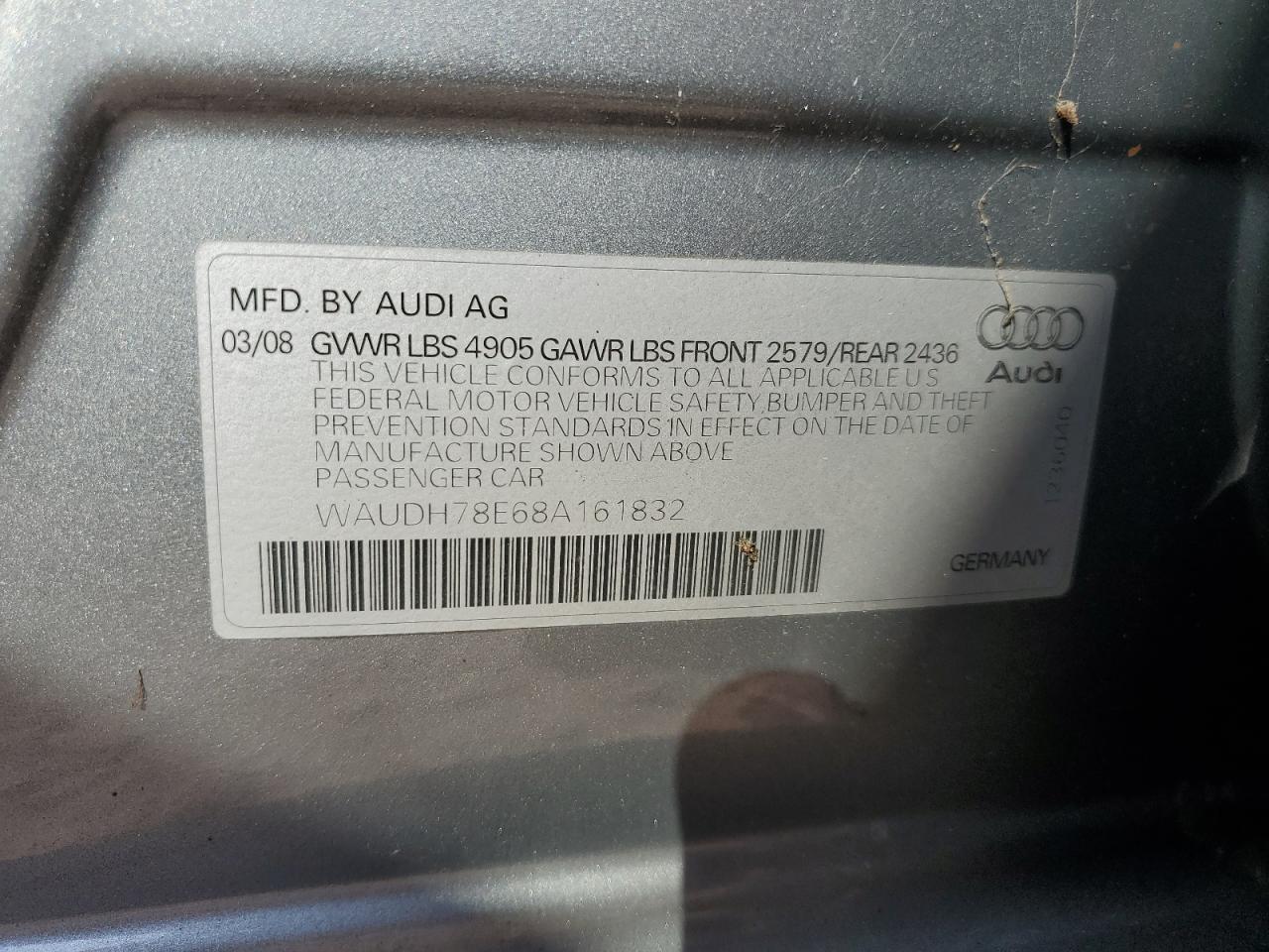 2008 Audi A4 3.2 Quattro VIN: WAUDH78E68A161832 Lot: 71411134