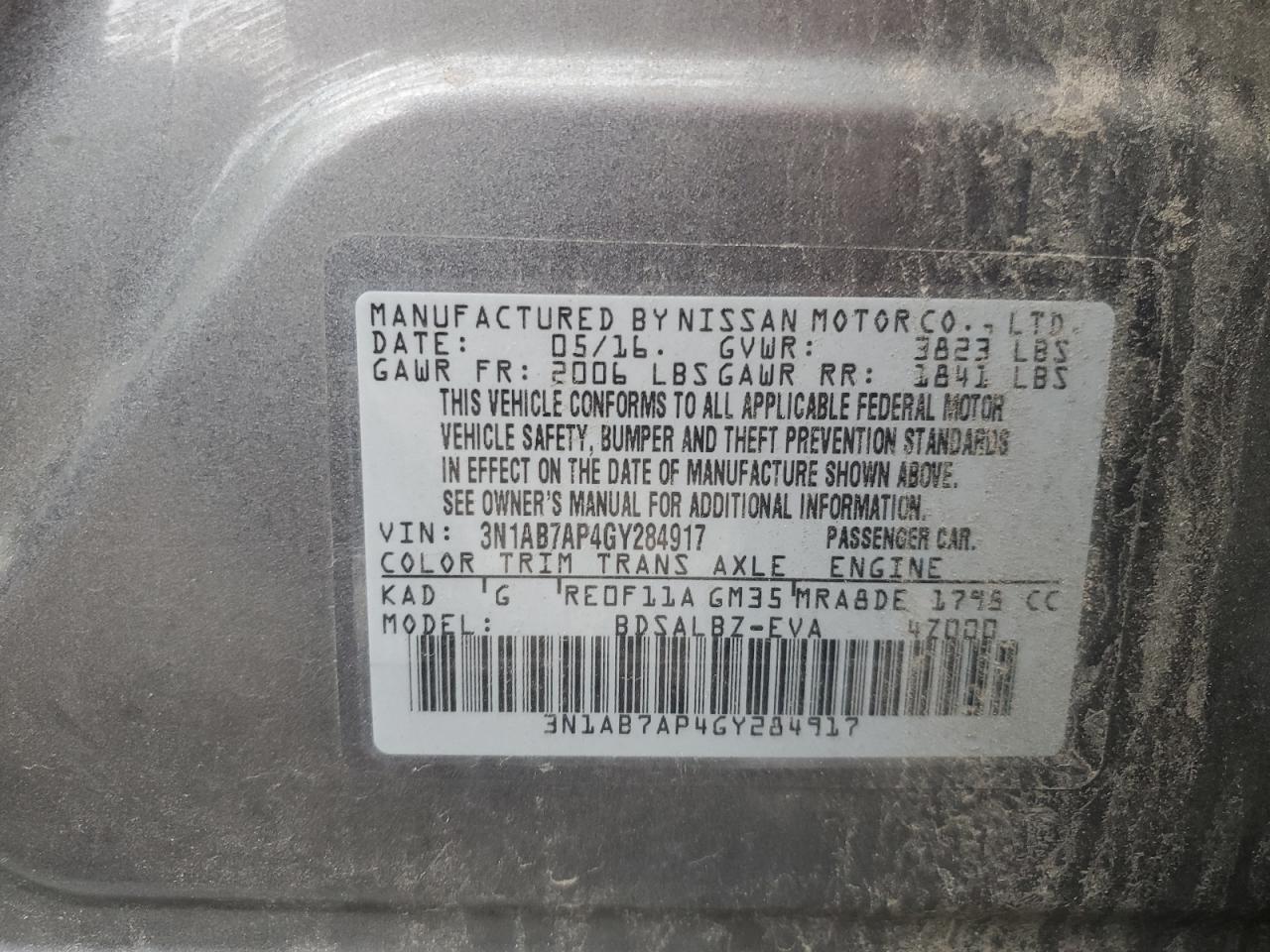 3N1AB7AP4GY284917 2016 Nissan Sentra S