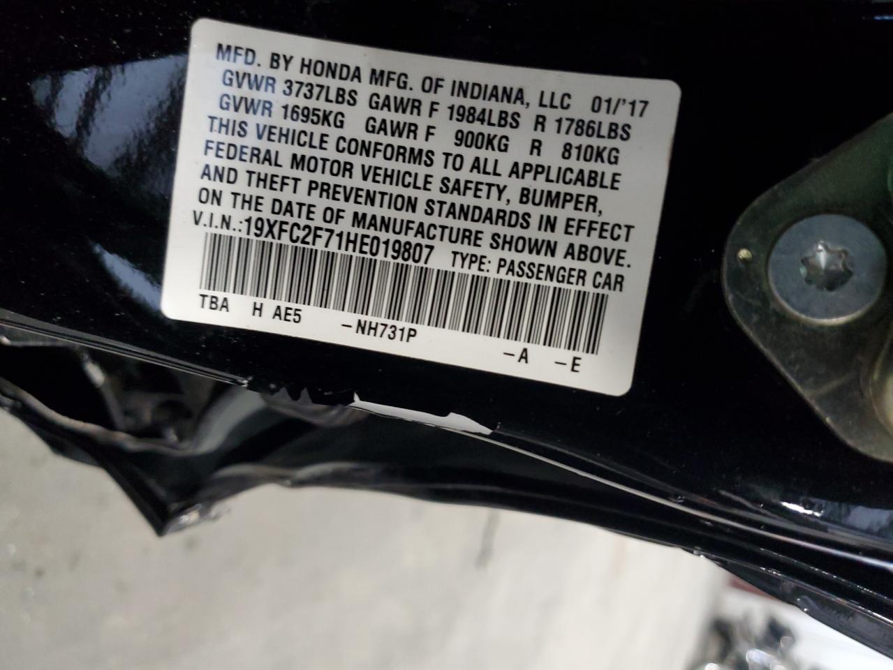 19XFC2F71HE019807 2017 Honda Civic Ex