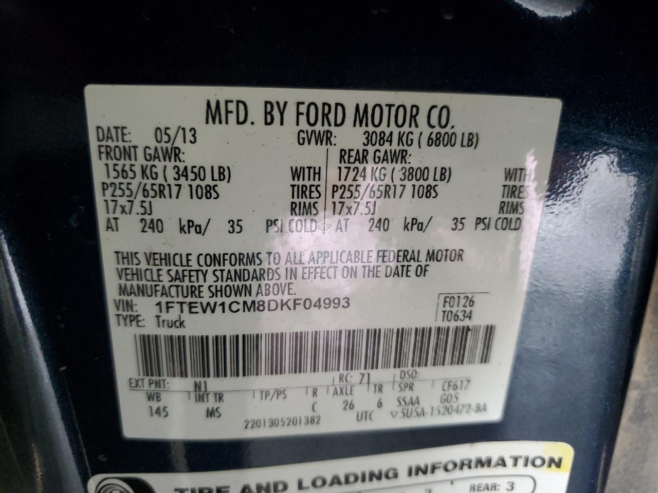 2013 Ford F150 Supercrew VIN: 1FTEW1CM8DKF04993 Lot: 70264864