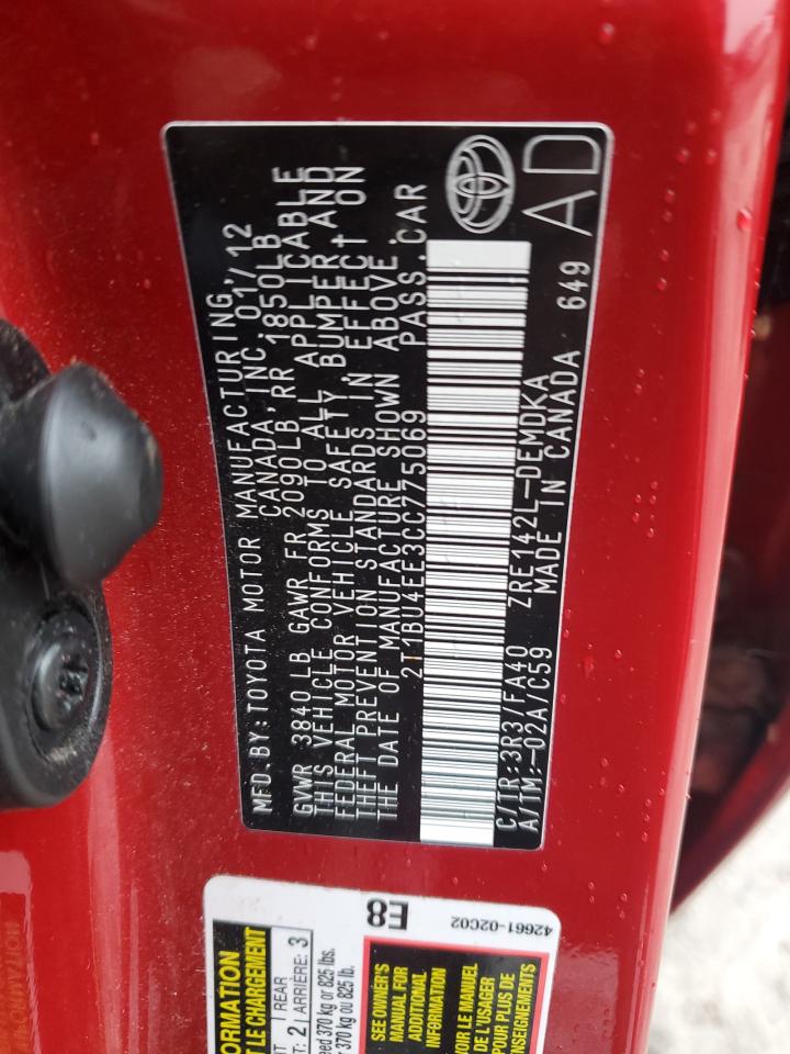 2012 Toyota Corolla Base VIN: 2T1BU4EE3CC775069 Lot: 71268104