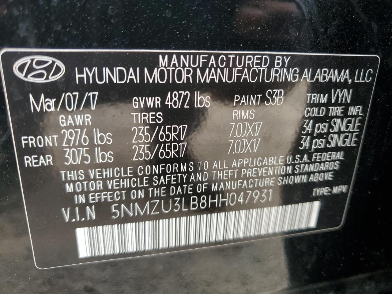 5NMZU3LB8HH047931 2017 Hyundai Santa Fe Sport