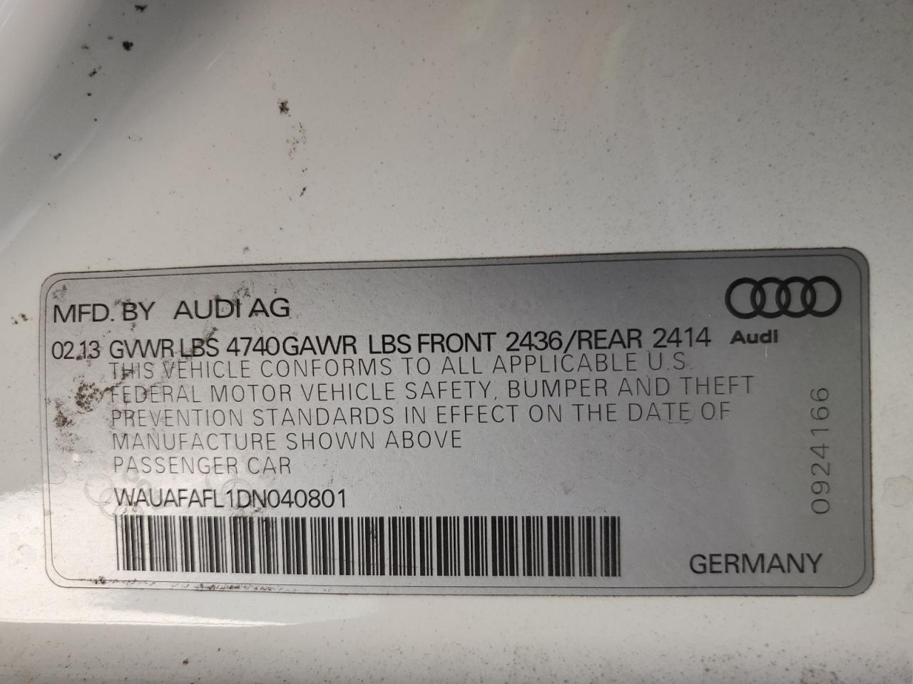 2013 Audi A4 Premium VIN: WAUAFAFL1DN040801 Lot: 71106144