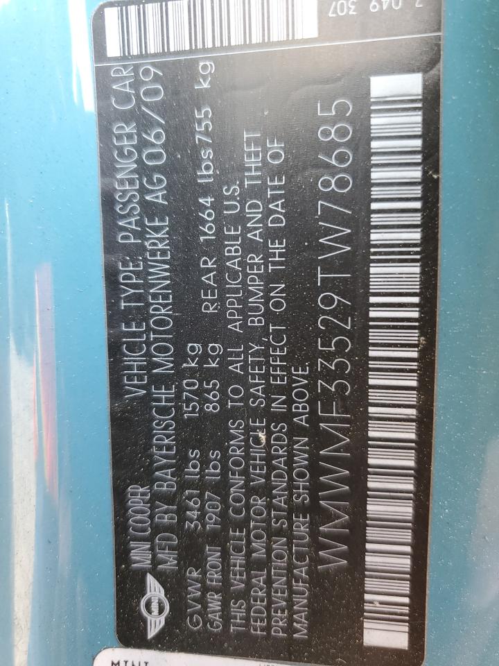 2009 Mini Cooper VIN: WMWMF33529TW78685 Lot: 71119344