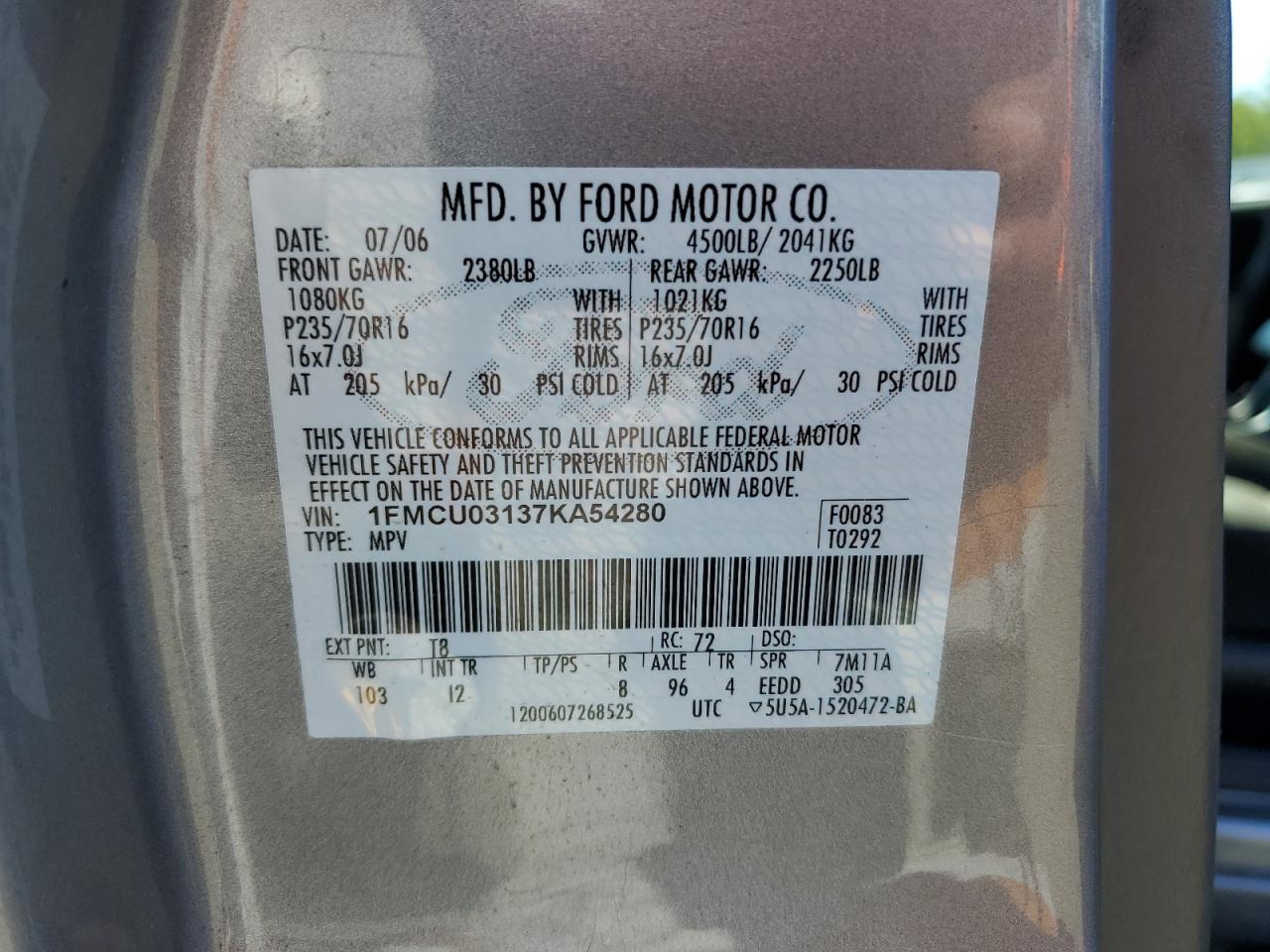 1FMCU03137KA54280 2007 Ford Escape Xlt