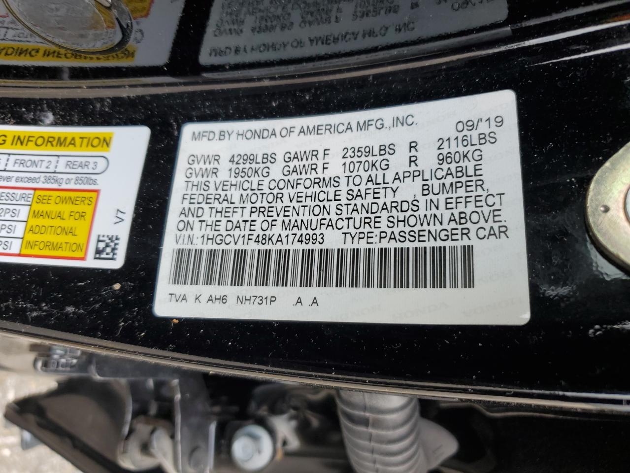 1HGCV1F48KA174993 2019 Honda Accord Ex