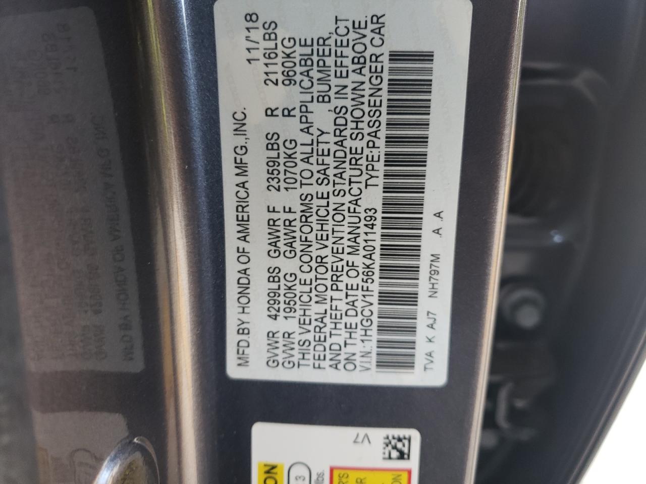 1HGCV1F56KA011493 2019 HONDA ACCORD - Image 12