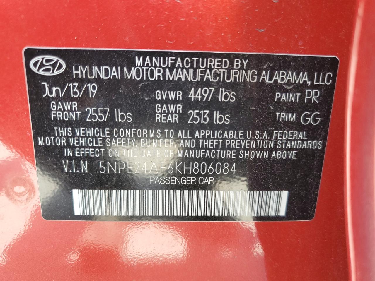 5NPE24AF6KH806084 2019 Hyundai Sonata Se