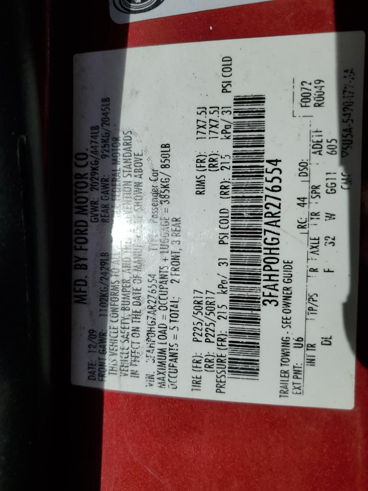 2010 Ford Fusion Se VIN: 3FAHP0HG7AR276554 Lot: 71864904