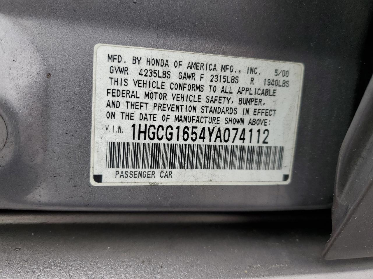 1HGCG1654YA074112 2000 Honda Accord Ex