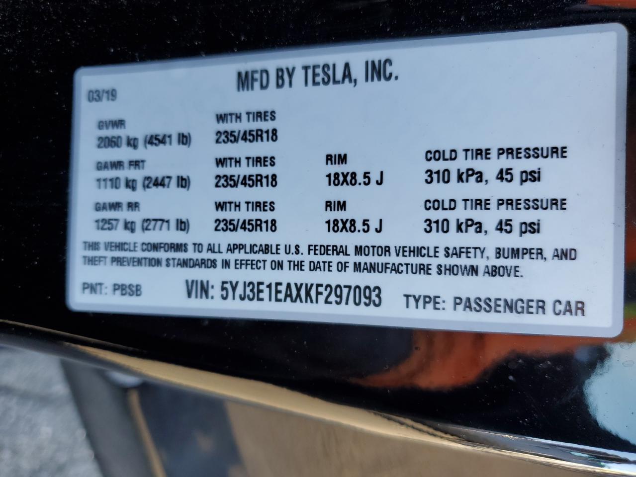 5YJ3E1EAXKF297093 2019 Tesla Model 3