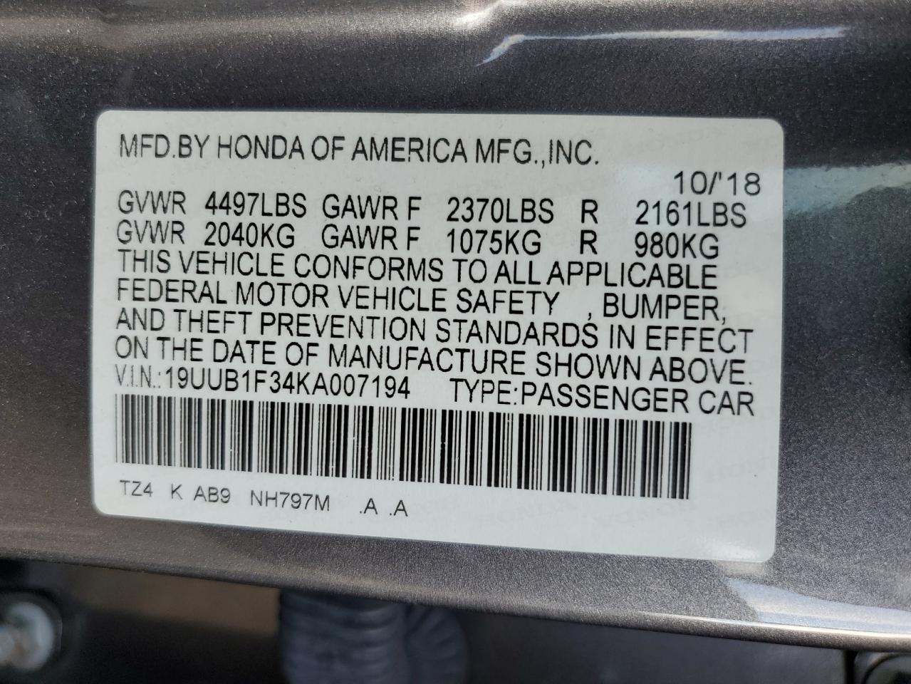 19UUB1F34KA007194 2019 Acura Tlx