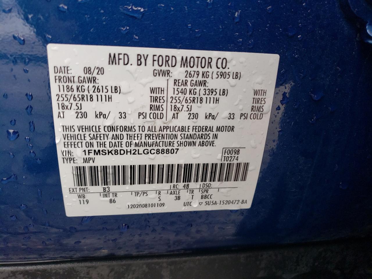 1FMSK8DH2LGC88807 2020 Ford Explorer Xlt