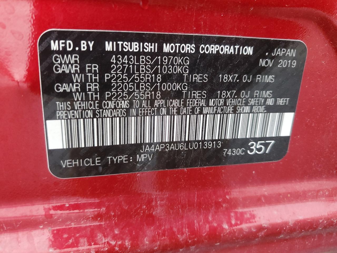 2020 Mitsubishi Outlander Sport Es VIN: JA4AP3AU6LU013913 Lot: 73194724