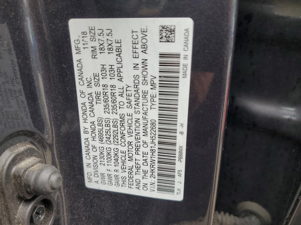 2HKRW1H81JH522680 2018 Honda Cr-V Exl