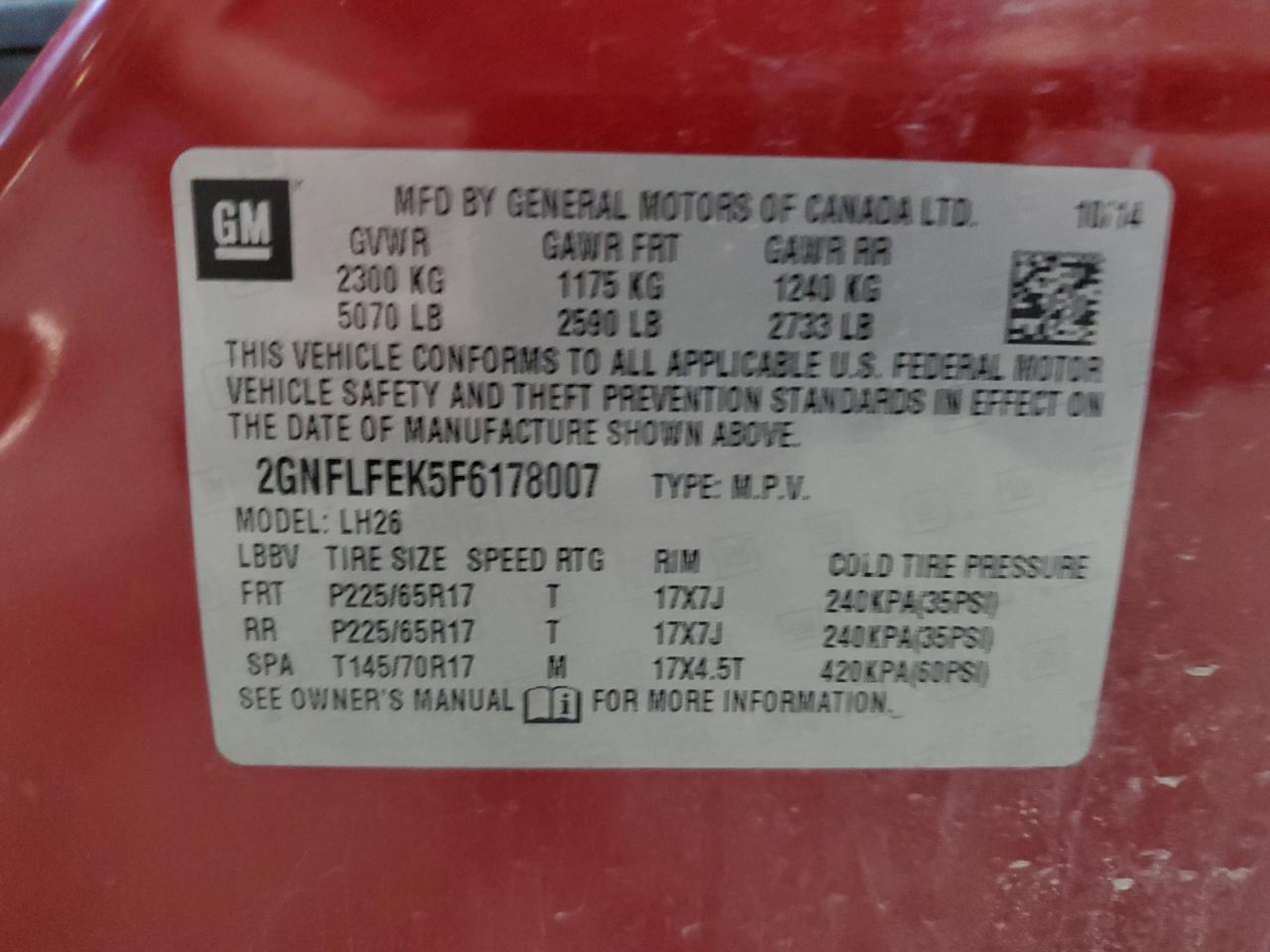 2GNFLFEK5F6178007 2015 Chevrolet Equinox Lt