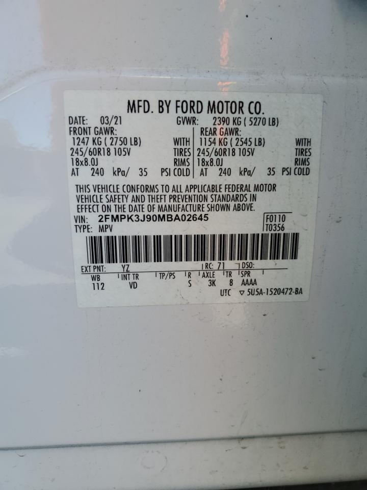 2021 Ford Edge Sel VIN: 2FMPK3J90MBA02645 Lot: 72474154