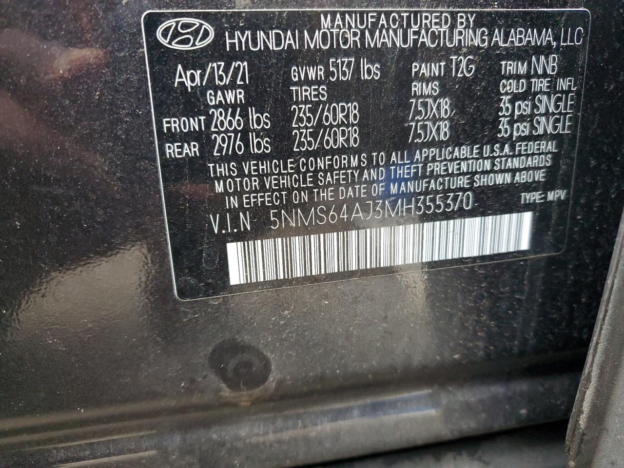 2021 Hyundai Santa Fe Sel VIN: 5NMS64AJ3MH355370 Lot: 71358694