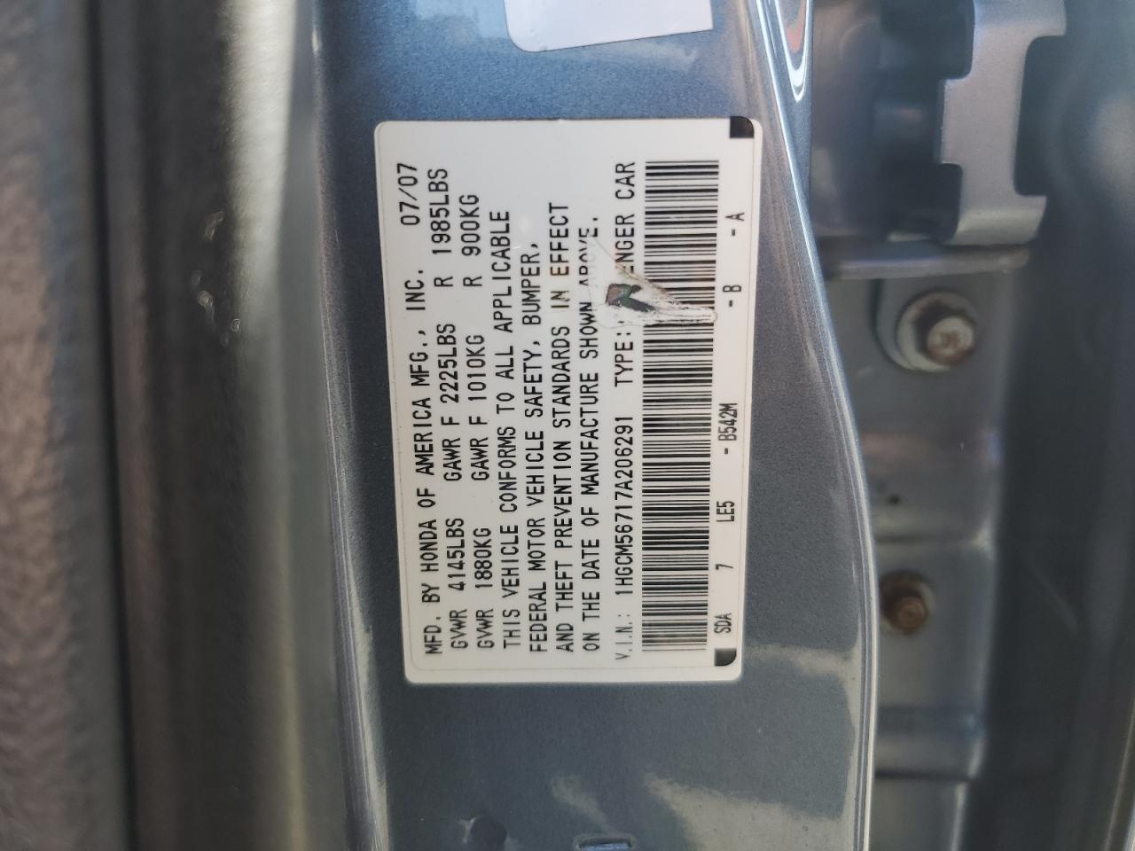 1HGCM56717A206291 2007 Honda Accord Ex