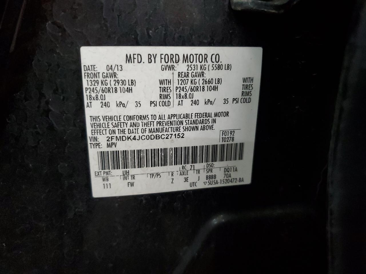 2FMDK4JC0DBC27152 2013 Ford Edge Sel