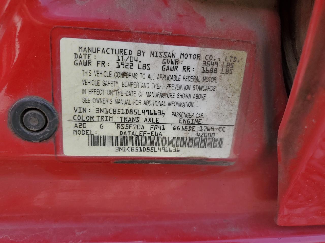 3N1CB51D85L496636 2005 Nissan Sentra 1.8