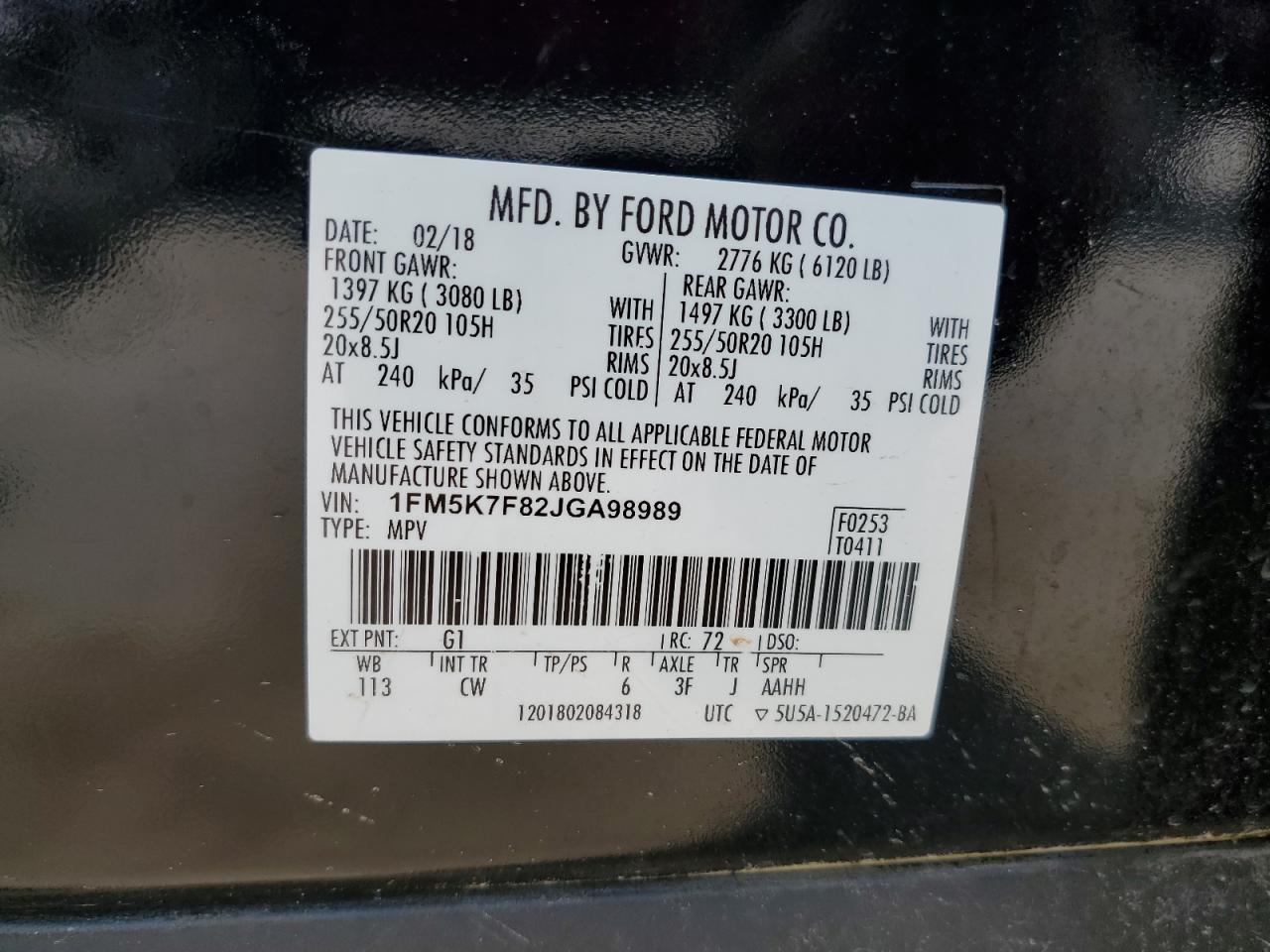 2018 Ford Explorer Limited VIN: 1FM5K7F82JGA98989 Lot: 71735284