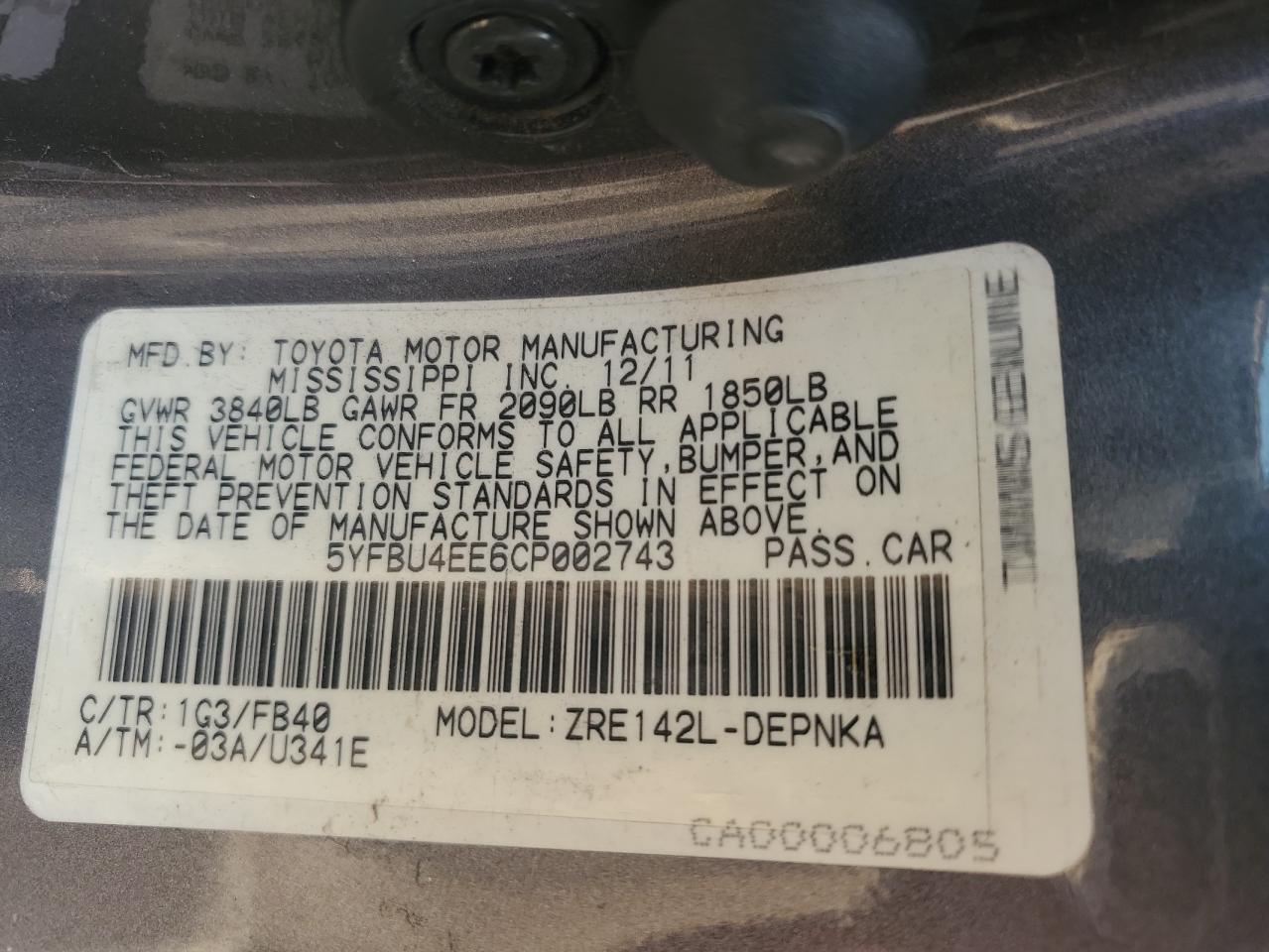 5YFBU4EE6CP002743 2012 Toyota Corolla Base