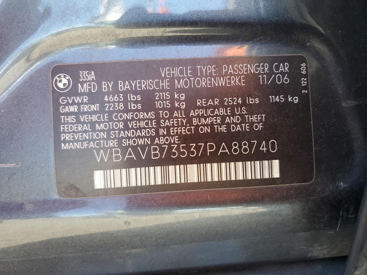 2007 BMW 335 I VIN: WBAVB73537PA88740 Lot: 70100064