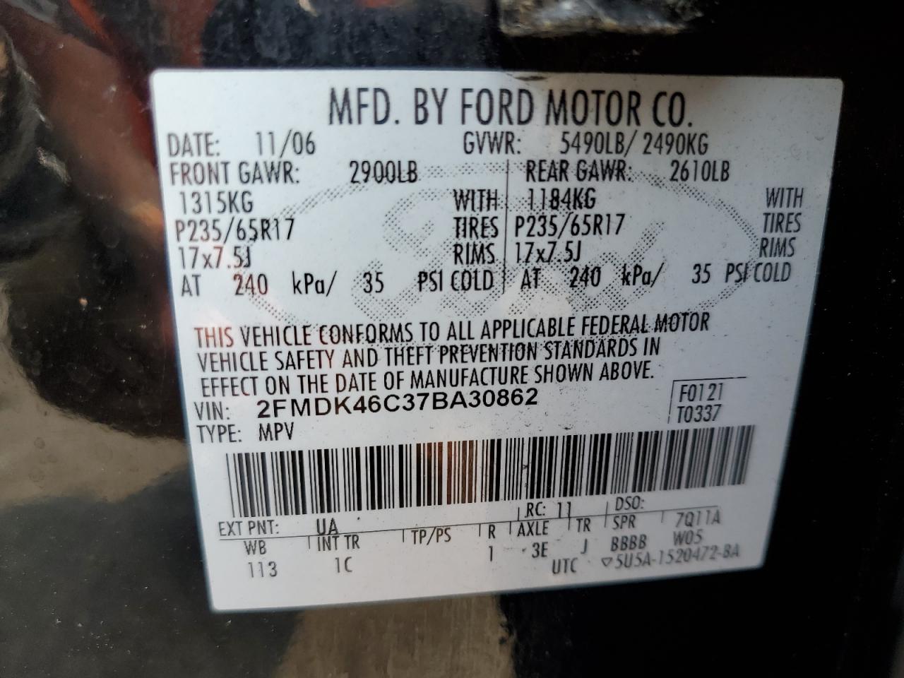 2FMDK46C37BA30862 2007 Ford Edge Se