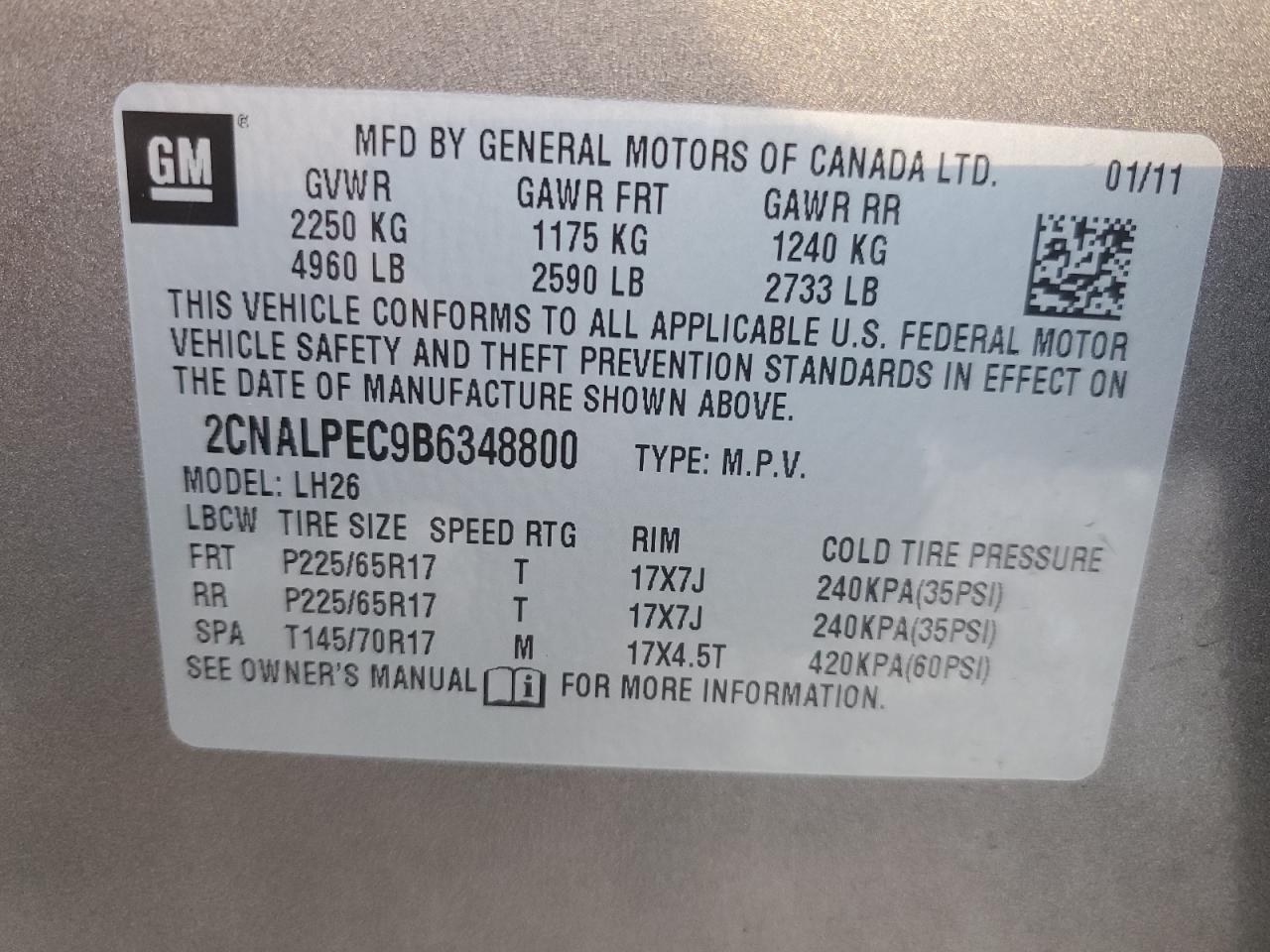 2CNALPEC9B6348800 2011 Chevrolet Equinox Lt